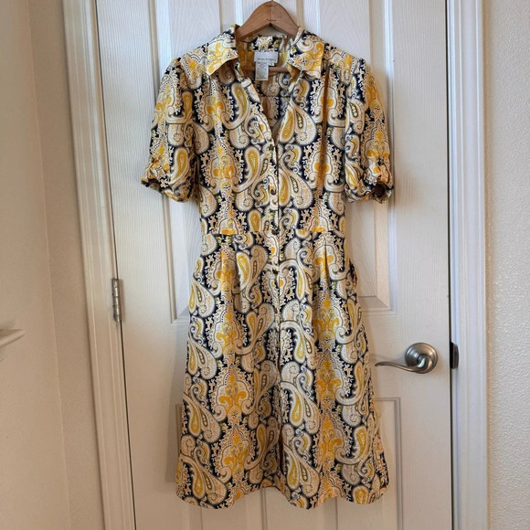 DM Donna Morgan Paisley Print Puff Sleeve Front Button Midi Dress 100% Silk sz 6 - Picture 6 of 11